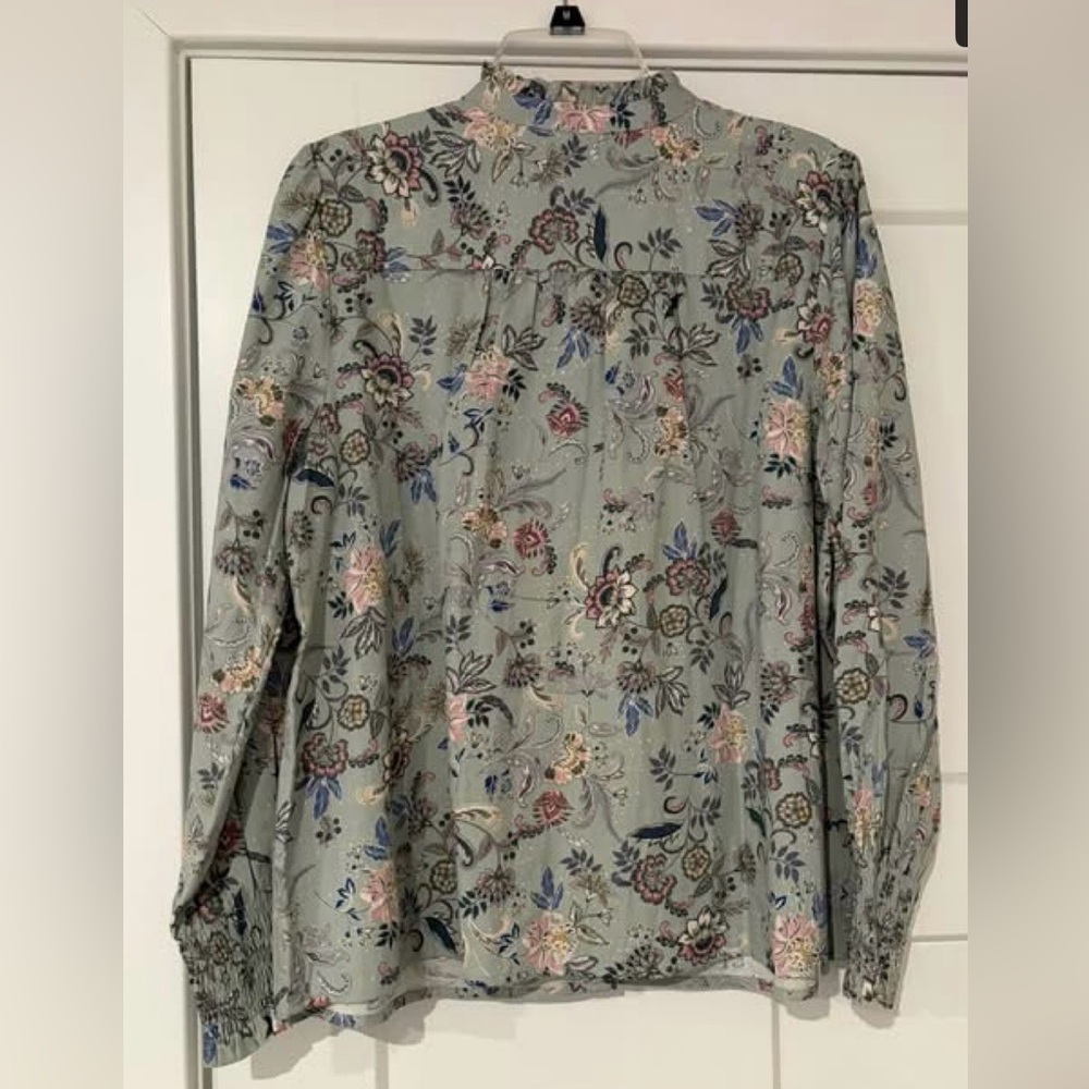 J JILL RUFFLED NECK BLOUSE GREEN/MULTI SIZE LARGE NWT! - Picture 6 of 7